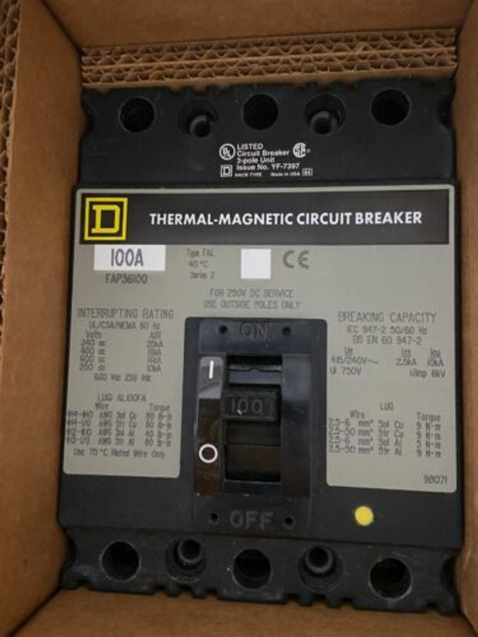 100 Amp Main Breaker FAP36100 Special Factory Configuration for Lugs