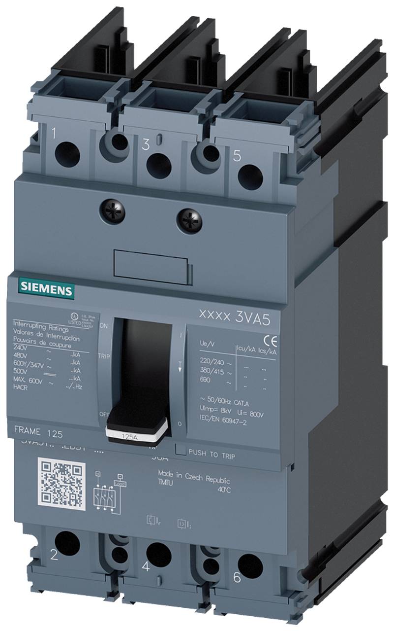 3VA5120-6ED31-0AA0 Siemens Molded Case Circuit Breaker With Thermal - Magnetic Trip Unit, 20A 3-Pole