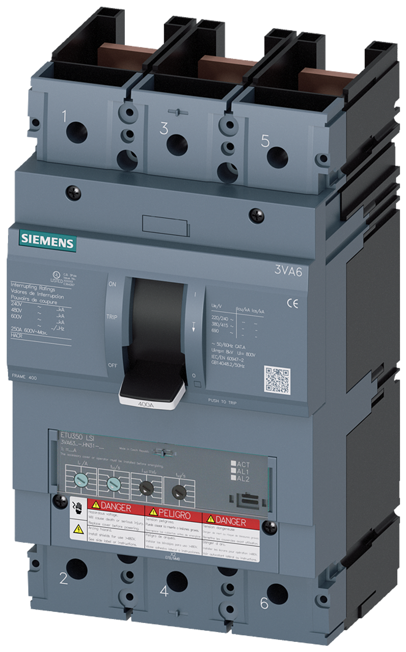 3VA6325-6HN31-0AA0 Siemens Molded Case Circuit Breaker With Electronic Trip Unit, 250A 3-Pole