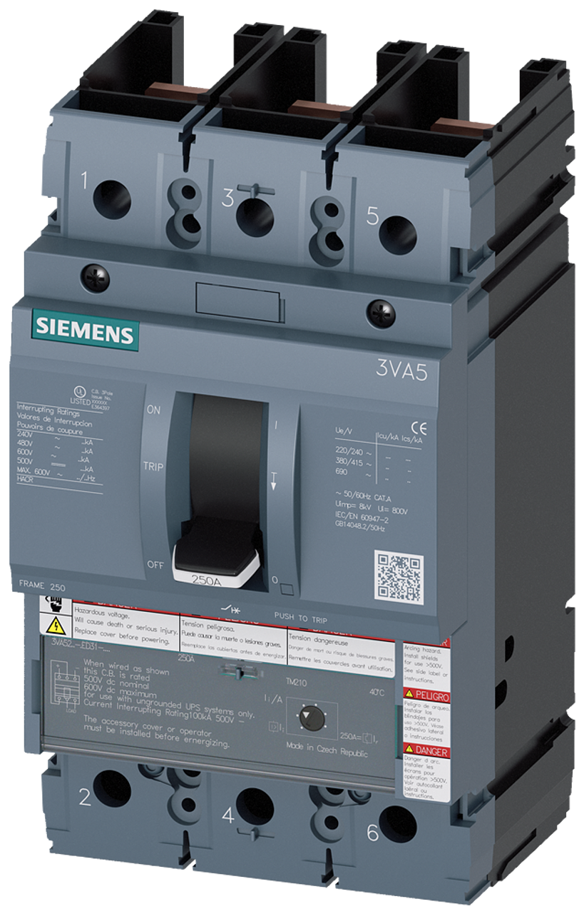 3VA5215-6ED31-0AA0 Siemens Molded Case Circuit Breaker with Thermal - Magnetic Trip Unit, 3 Pole 150A